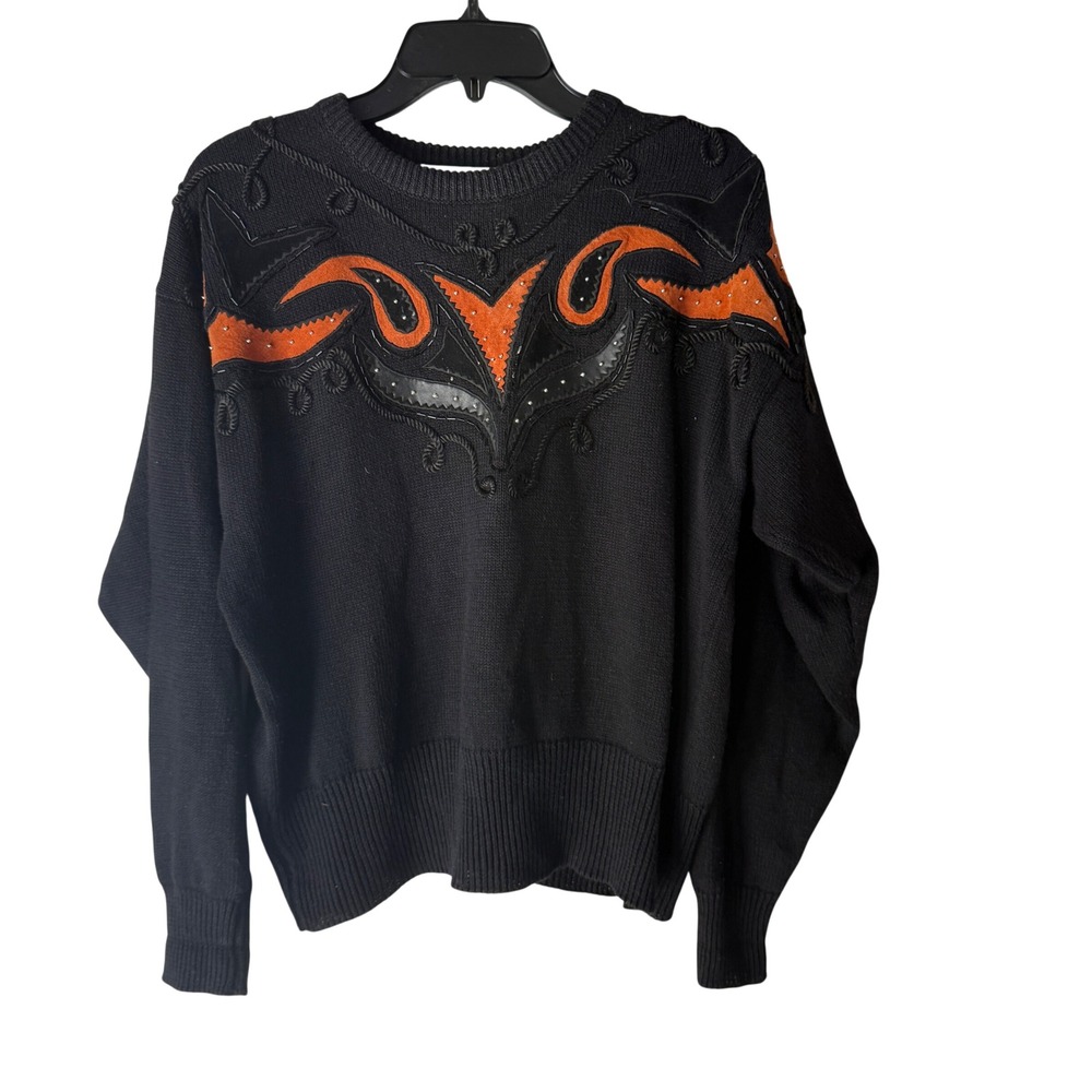 Evan Davies Vintage 90s Black Embellished Sweater Leather Rhinestones Western L‎